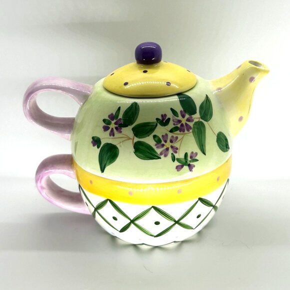 GANZ Other - Single Serving Teapot & Tea Cup Set Ganz Ceramic Floral & Polka-dot Cottage Core